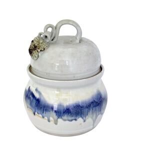 Studio Pottery Tan Blue Ombre Glazed Lid Canister Cookie Jar Floral IMA Signed